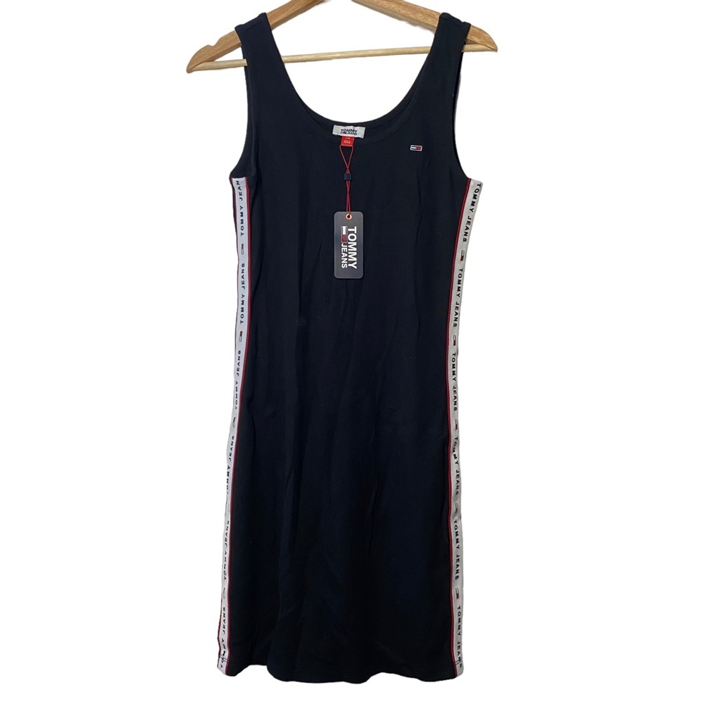 NWT Tommy Hilfiger Black Logo Tape Ribbed Bodycon Dress Womens Large